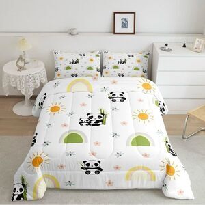 Cute Rainbow Panda Kids Queen Size Bedding Set- Comforter And 2 Pillow Cases NWT